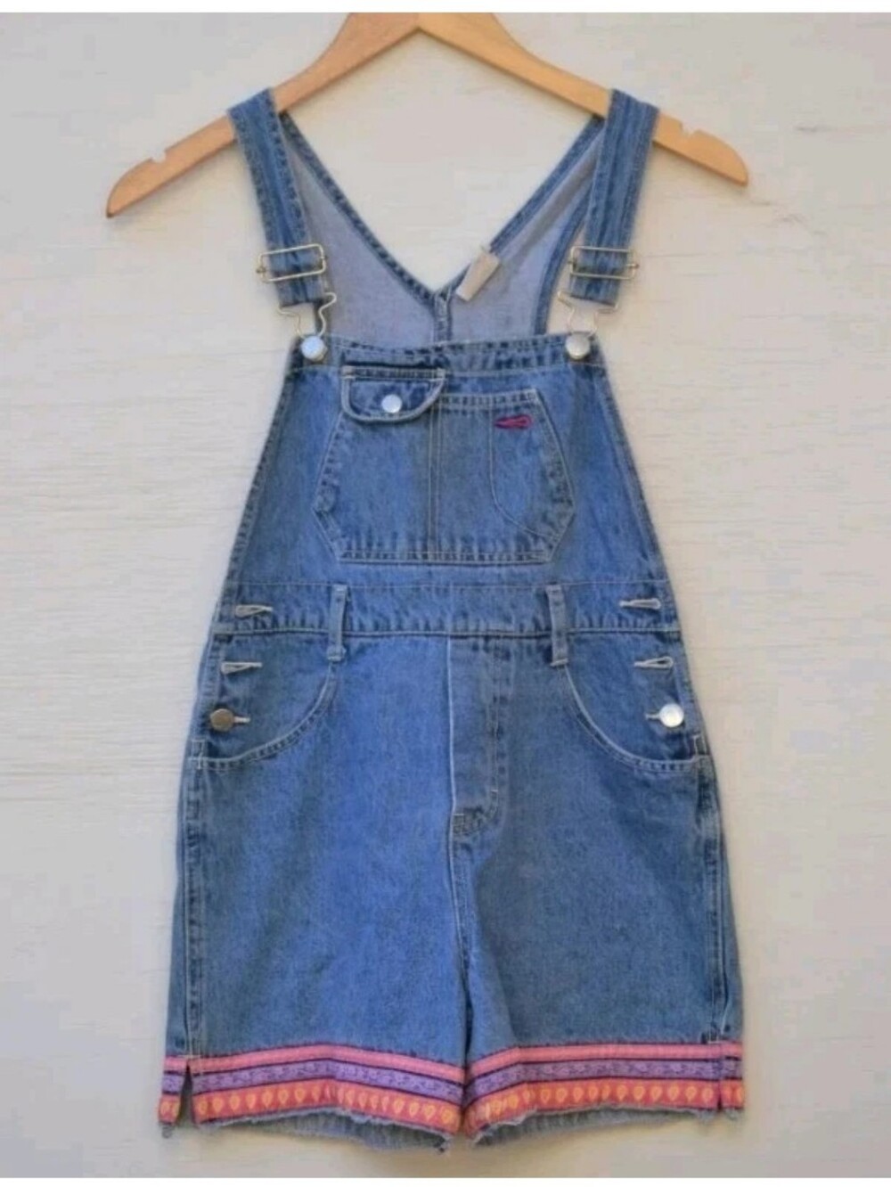 Vintage 90s Jordache Denim Overalls Girls Shorts Ribbon Boho Jean Raw Hem 7/8